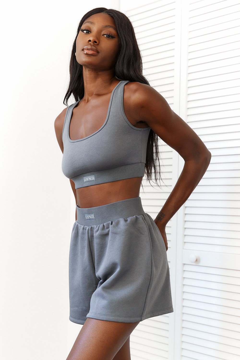 Lounge Underwear Essential Crop Top & Shorts Set Charcoal | VRAIUEZ-21