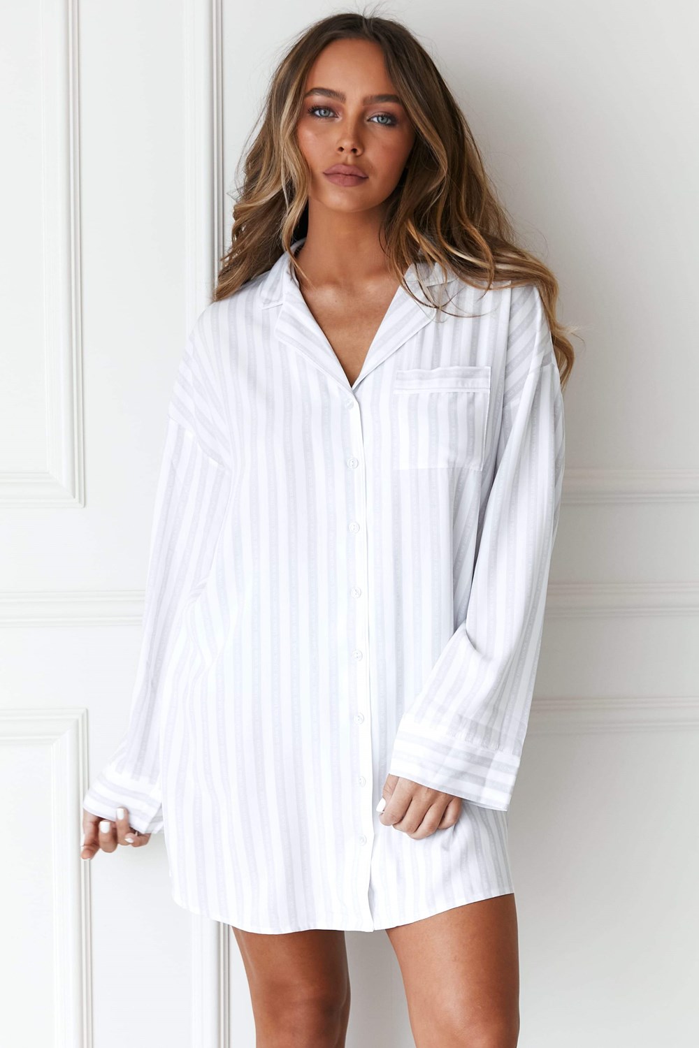 Lounge Underwear Pinstripe Oversized Pyjama Shirt & Briefs Set Frost | SZQKXDO-78