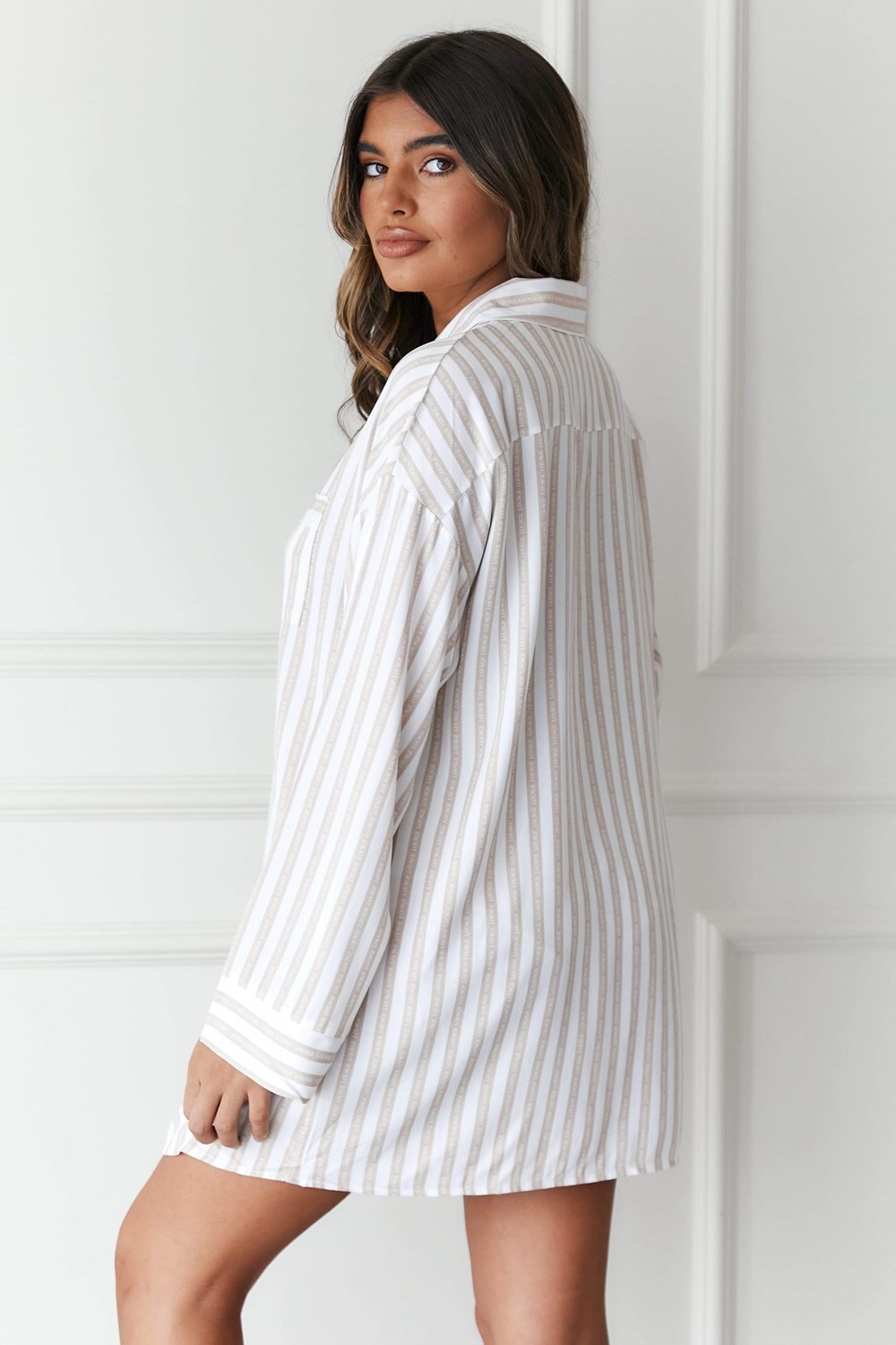 Lounge Underwear Pinstripe Oversized Pyjama Shirt & Briefs Set Mink | UTVPOBF-86