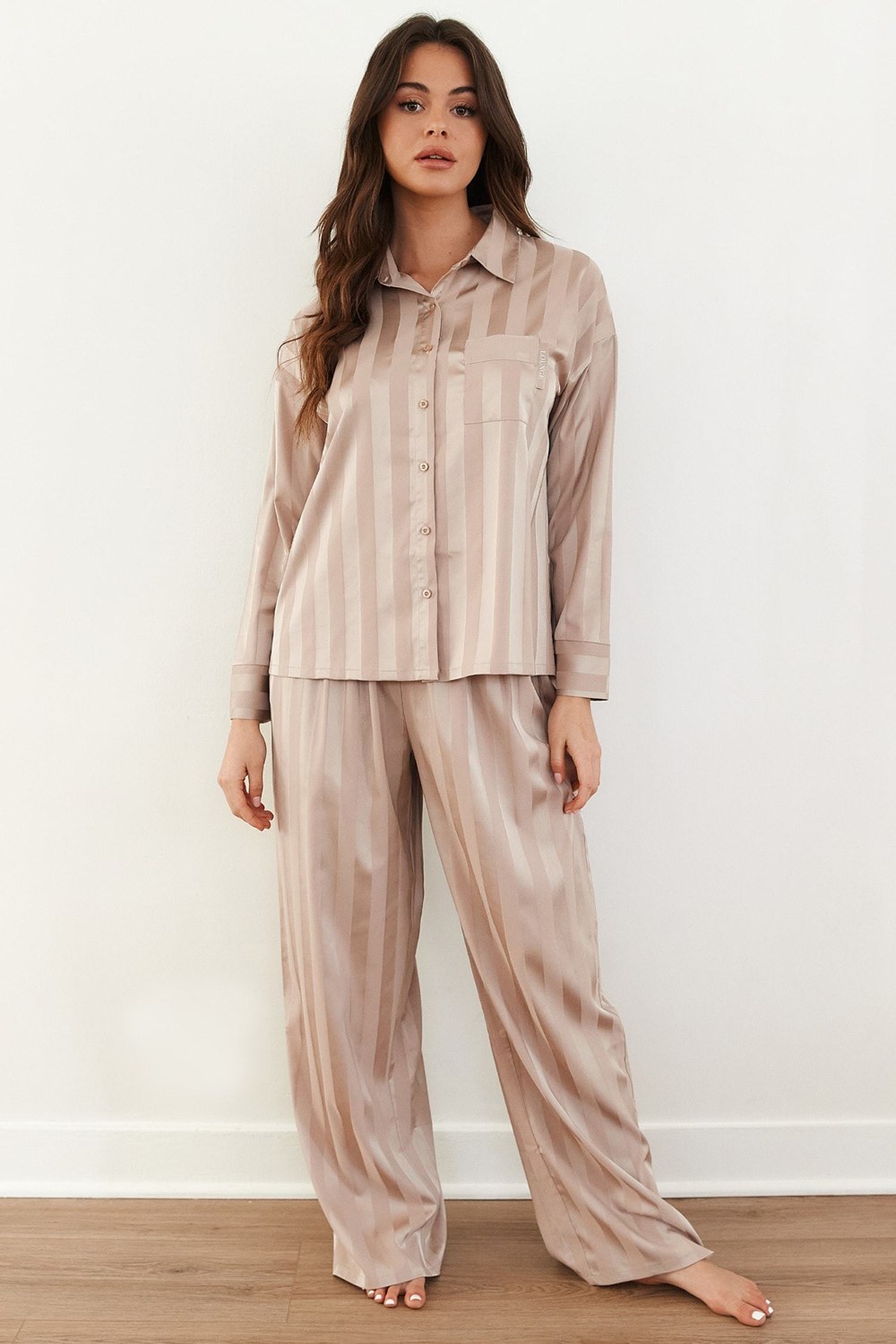 Lounge Underwear Pruhované Satin Pajama Trousers Mink | ACFYJLP-48