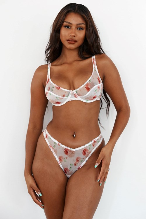 Lounge Underwear Floral Mesh Balcony Bra & Tanga Set Biele | DZOWSLG-78